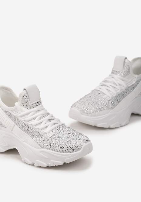 Białe Sneakersy z Błyszczącymi Cyrkonami i Napisem Halerin