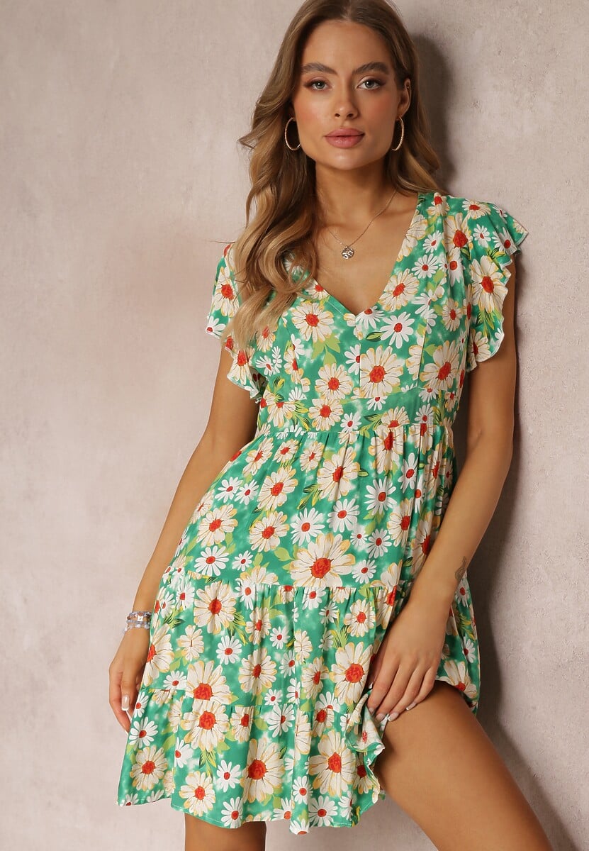 Niebieska Taliowana Sukienka Mini w Kwiaty z Gumką w Talii Teziovi