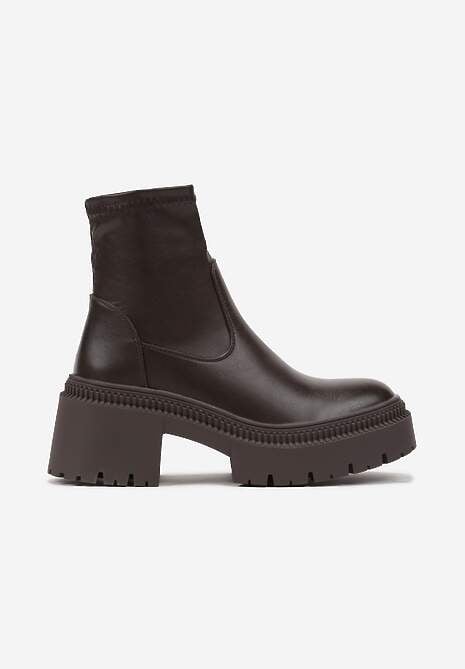 Brązowe Botki na Słupku i Lekkiej Platformie z Dopasowaną Cholewką Irinda