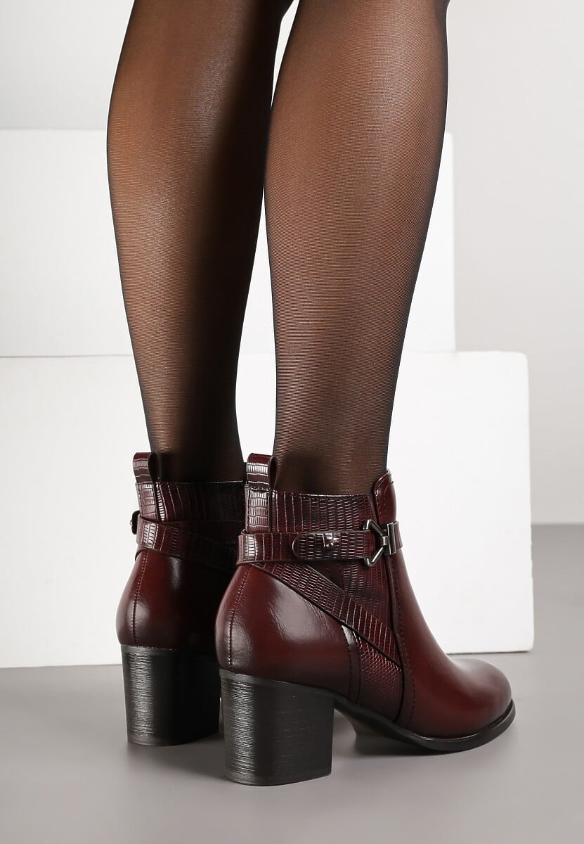 Bordowe Botki na Słupkowym Obcasie z Eleganckim Zdobieniem przy Cholewce Tulaneira