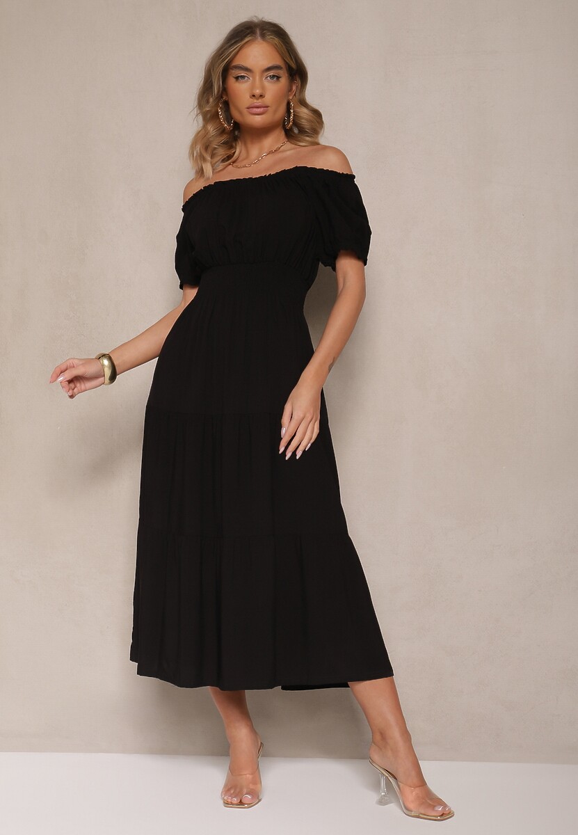 Czarna Rozkloszowana Sukienka z Gumką w Talii i Dekoltem w Kształcie Łódki Miratela