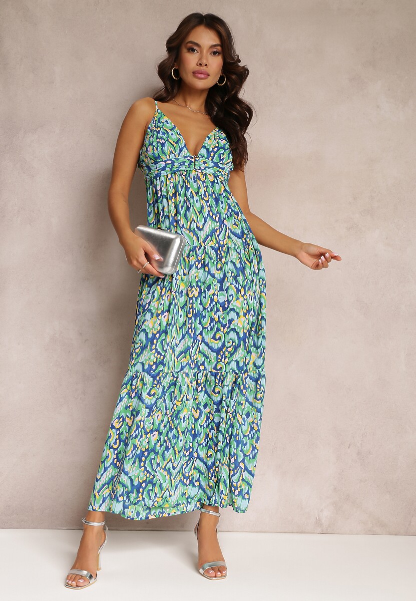 Niebiesko-Zielona Sukienka Maxi na Regulowanych Ramiączkach z Abstrakcyjnym Wzorem Jerela