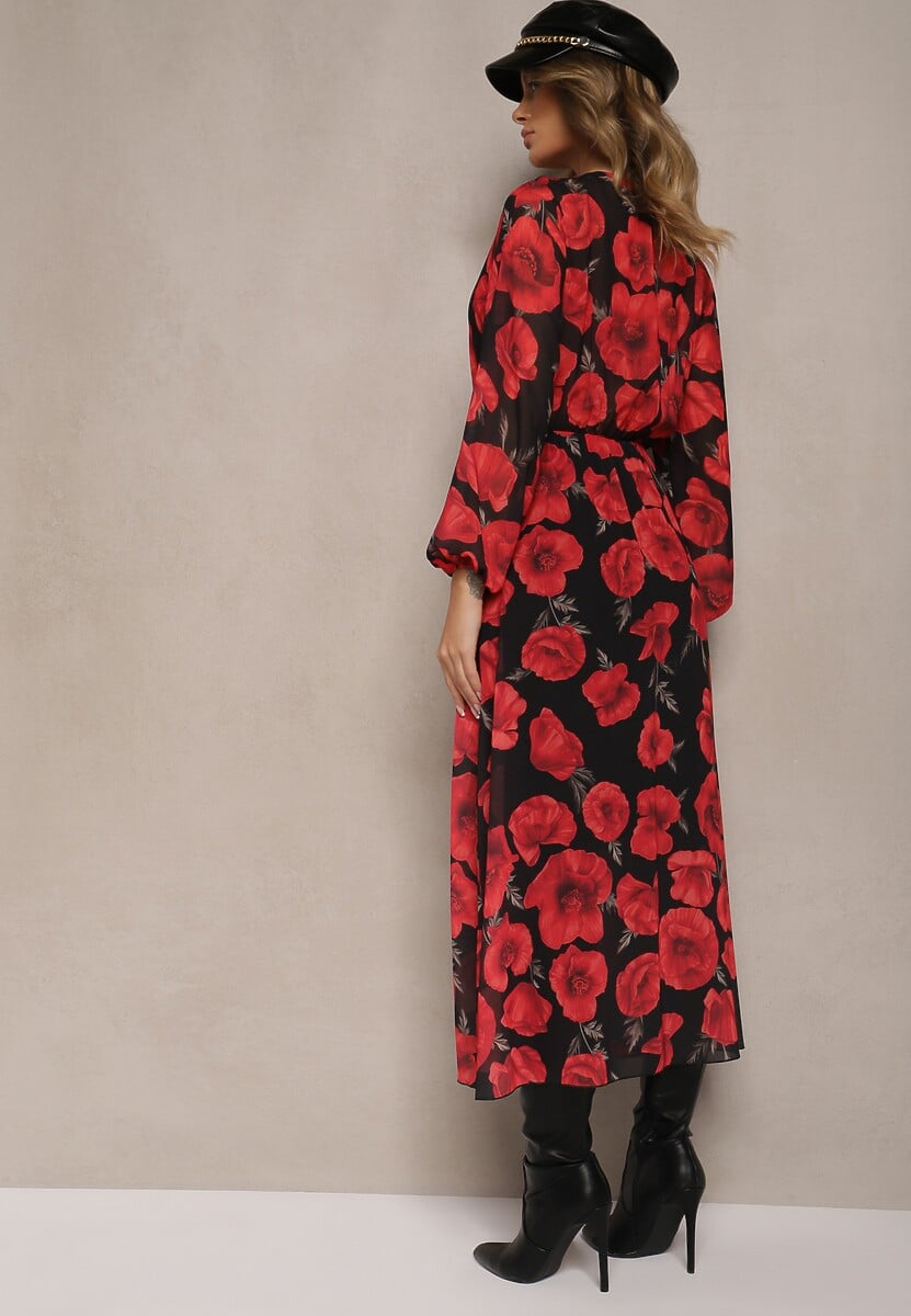 Czerwono-Czarna Asymetryczna Sukienka w Kwiaty o Kopertowym Kroju z Gumką w Talii Viradi