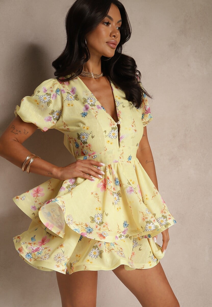 Żółta Rozkloszowana Sukienka z Bawełny Zdobiona Falbanami i Kwiatowym Wzorem Sarolisse