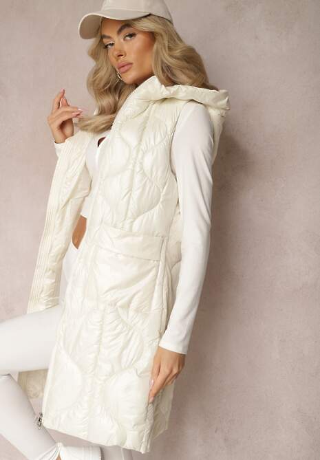 Jasnobeżowa Długa Kamizelka z Wsuwanymi Kieszeniami i Kapturem Manzella