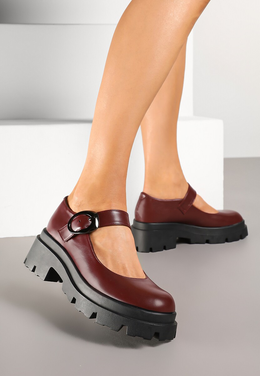 Bordowe Półbuty na Platformie w Stylu Mary Jane Ozdobione Metaliczną Sprzączką Zinida