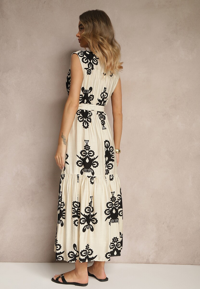 Czarna Wiskozowa Sukienka o Rozkloszowanym Kroju z Wiązanym Paskiem Mirasela