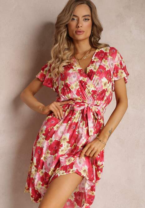 Czerwona Rozkloszowana Sukienka z Kopertowym Dekoltem i Wiązanym Paskiem Kanges