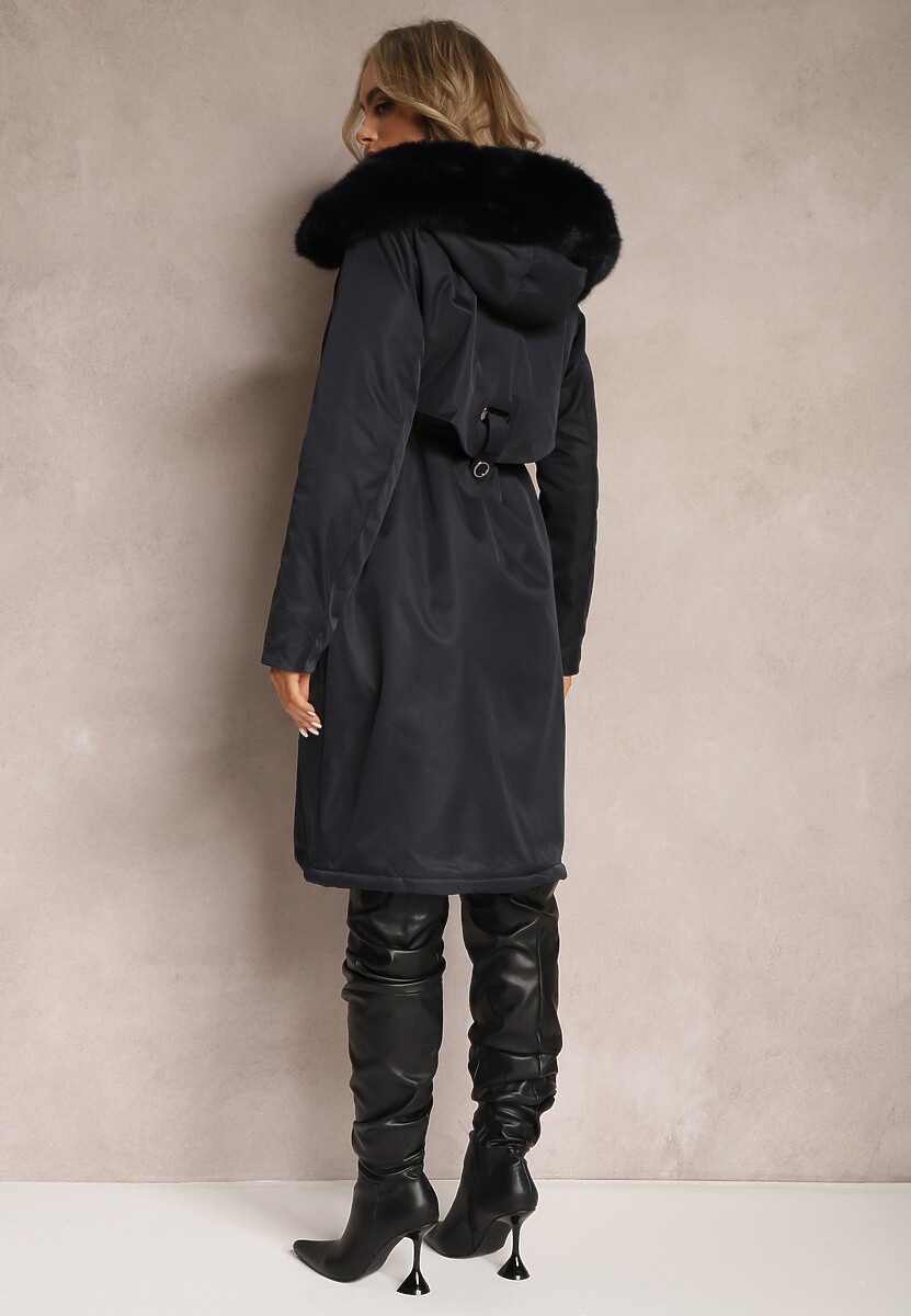 Granatowa Kurtka Płaszcz ze Ściągaczem i Kapturem z Ozdobnym Futerkiem Livieya