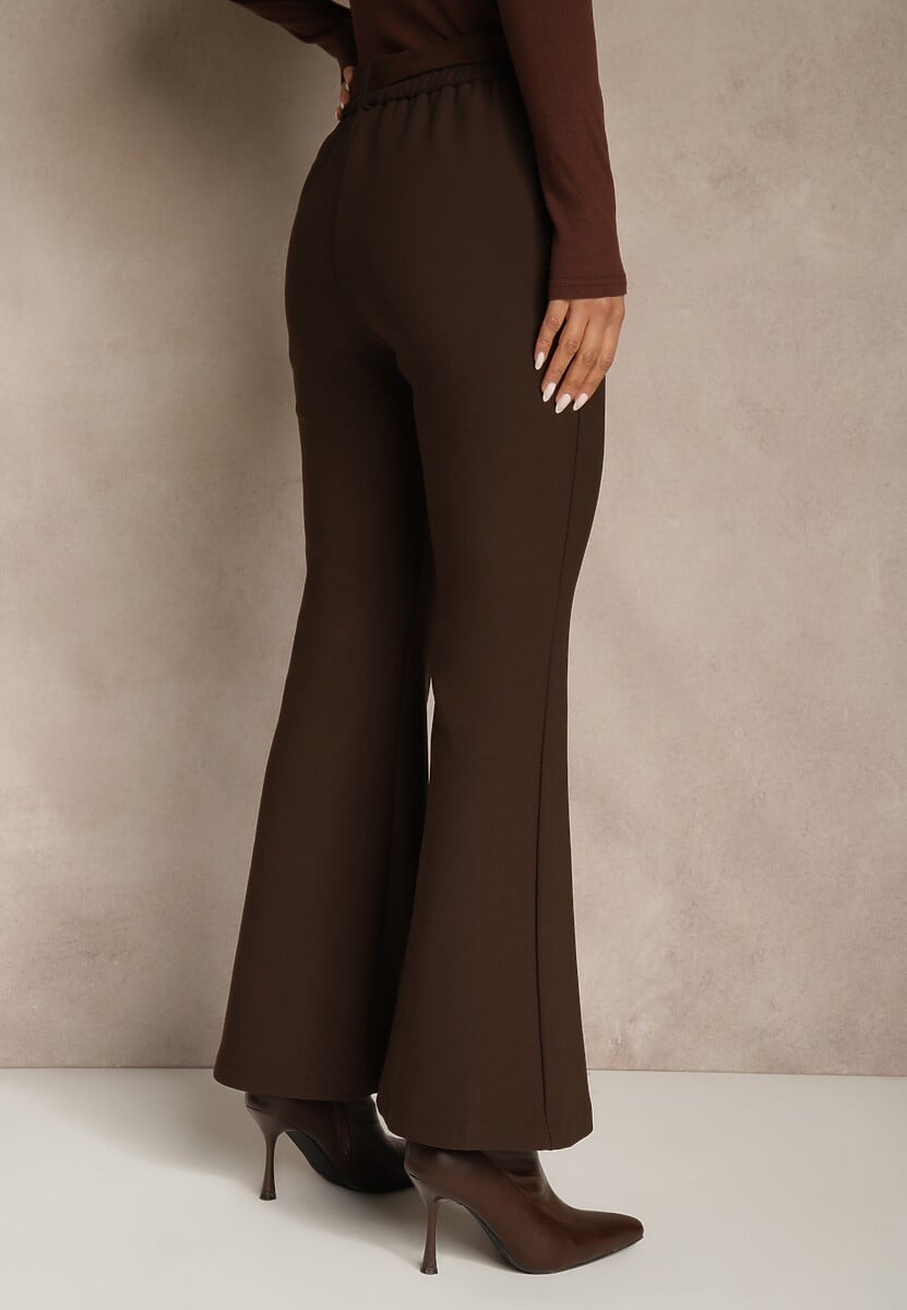Brązowe Spodnie Flare z Wiskozy i Bawełny z Paskiem w Kowbojskim Stylu Tusiera