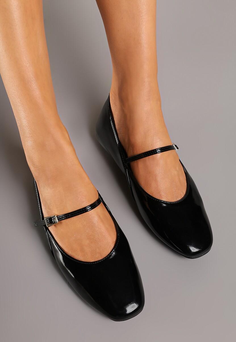 Czarne Balerinki Mary Jane na Płaskiej Podeszwie z Paskami na Sprzączki Zinitia