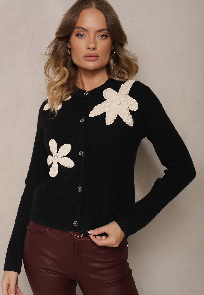Czarny Tłoczony Kardigan z Ozdobnymi Haftami w Kształcie Kwiatów Rinnelithra