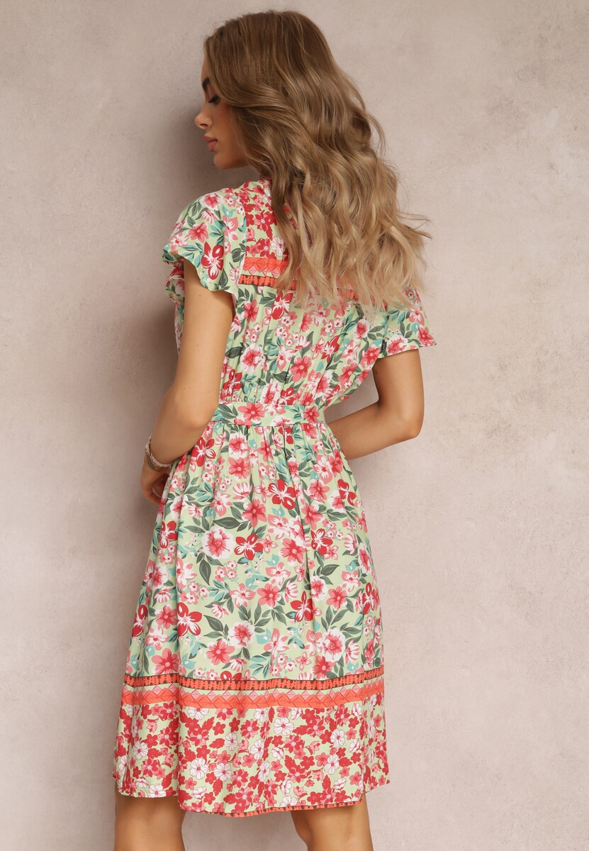 Czerwono-Zielona Rozkloszowana Sukienka z Wiskozy i Kopertowym Dekoltem Violia