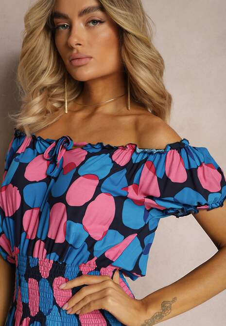 Granatowo-Różowa Sukienka Hiszpanka z Bawełny z Modelującą Gumką w Pasie Vearica