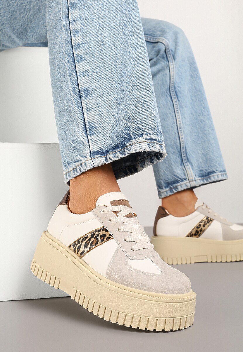 Beżowo-Panterkowe Sneakersy na Platformie Ozdobione Paskiem Vivesse