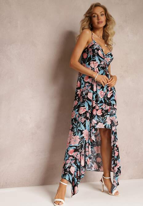 Czarna Kwiecista Sukienka Maxi z Asymetrycznym Dołem Jomelli