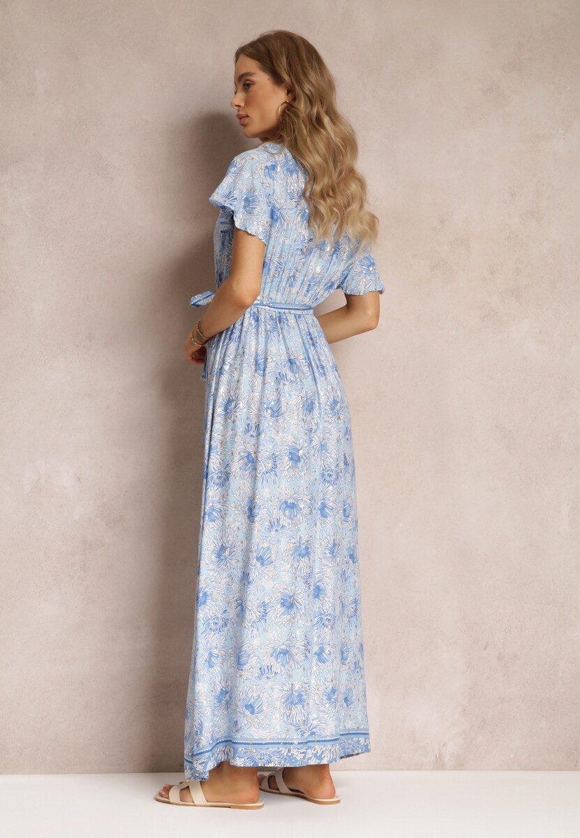 Niebieska Wiskozowa Sukienka z Metalicznym Wzorem i Gumką w Pasie Carinalia