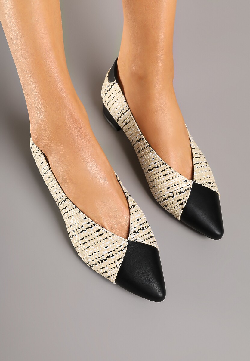 Beżowo-Czarne Czółenka Ozdobione Plecionką na Płaskim Obcasie Selliova