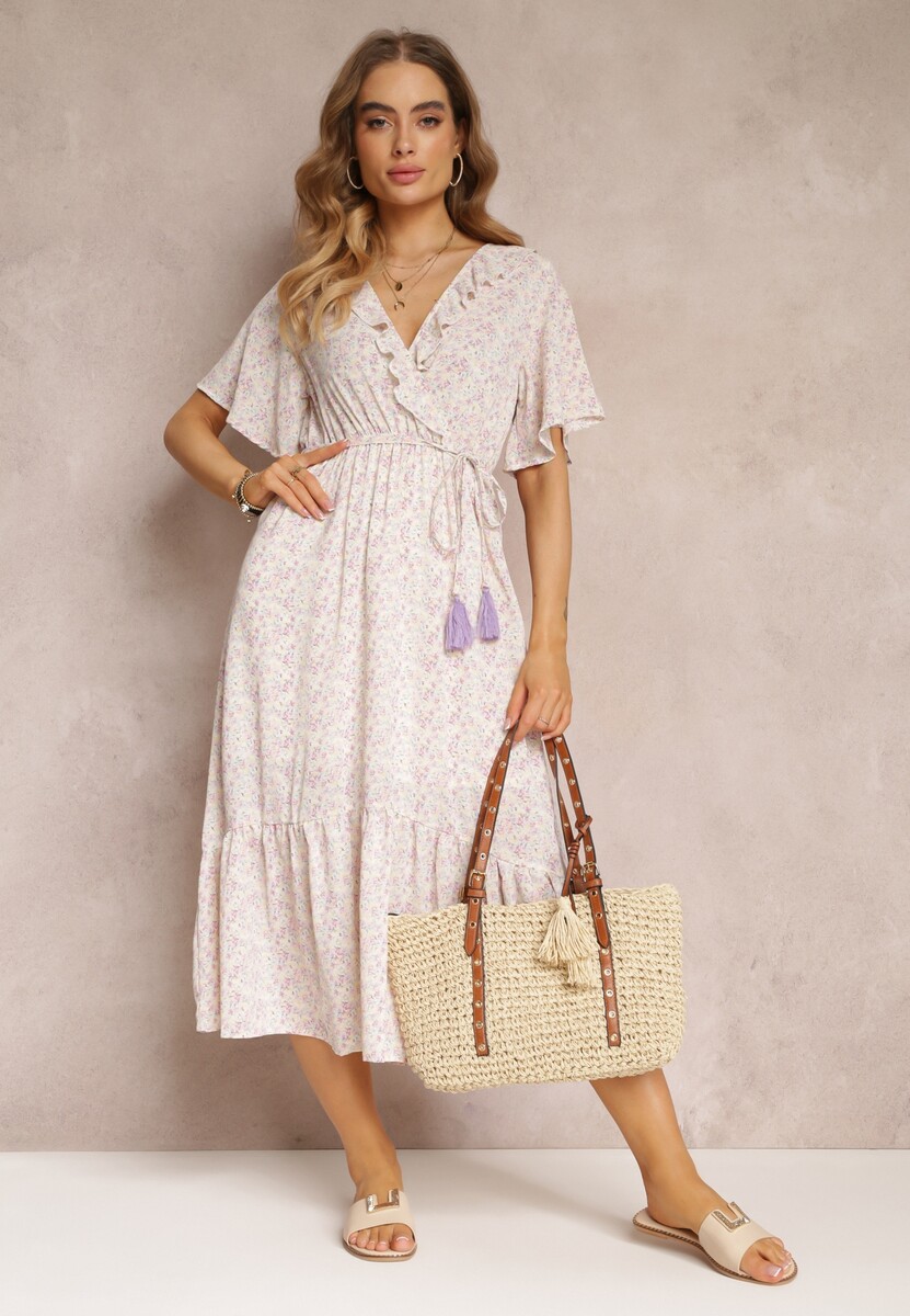 Granatowa Sukienka Midi z Falbankami Kopertowym Dekoltem i Gumką w Pasie Denila