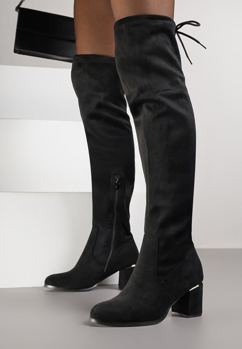 Czarne Kozaki Muszkieterki na Słupku z Wiązaniem z Tyłu Idivelle