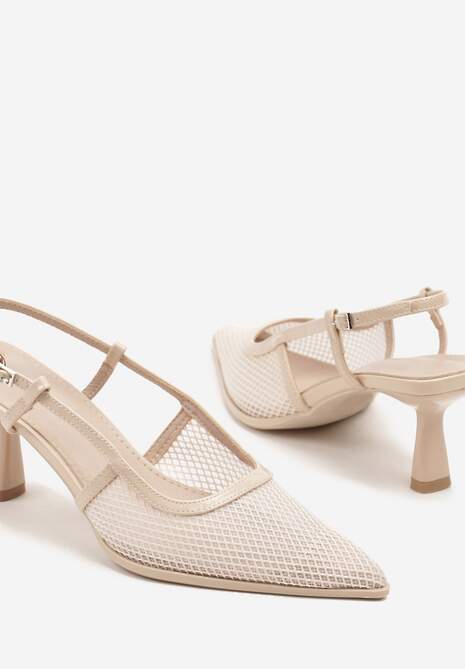 Beżowe Sandały na Obcasie Kaczuszka ze Sprzączką i Siateczką Falelitia