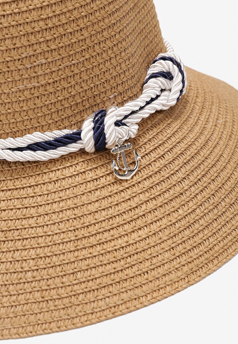 Beżowy Pleciony Kapelusz z Szerokim Rondem i Kontrastową Taśmą Paccea