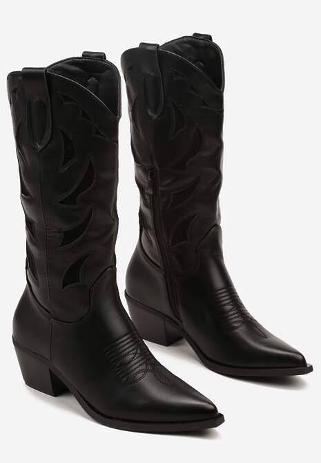 Czarne Kozaki na Słupku w Stylu Kowbojek Ozdobione Tłoczeniem Latimesa