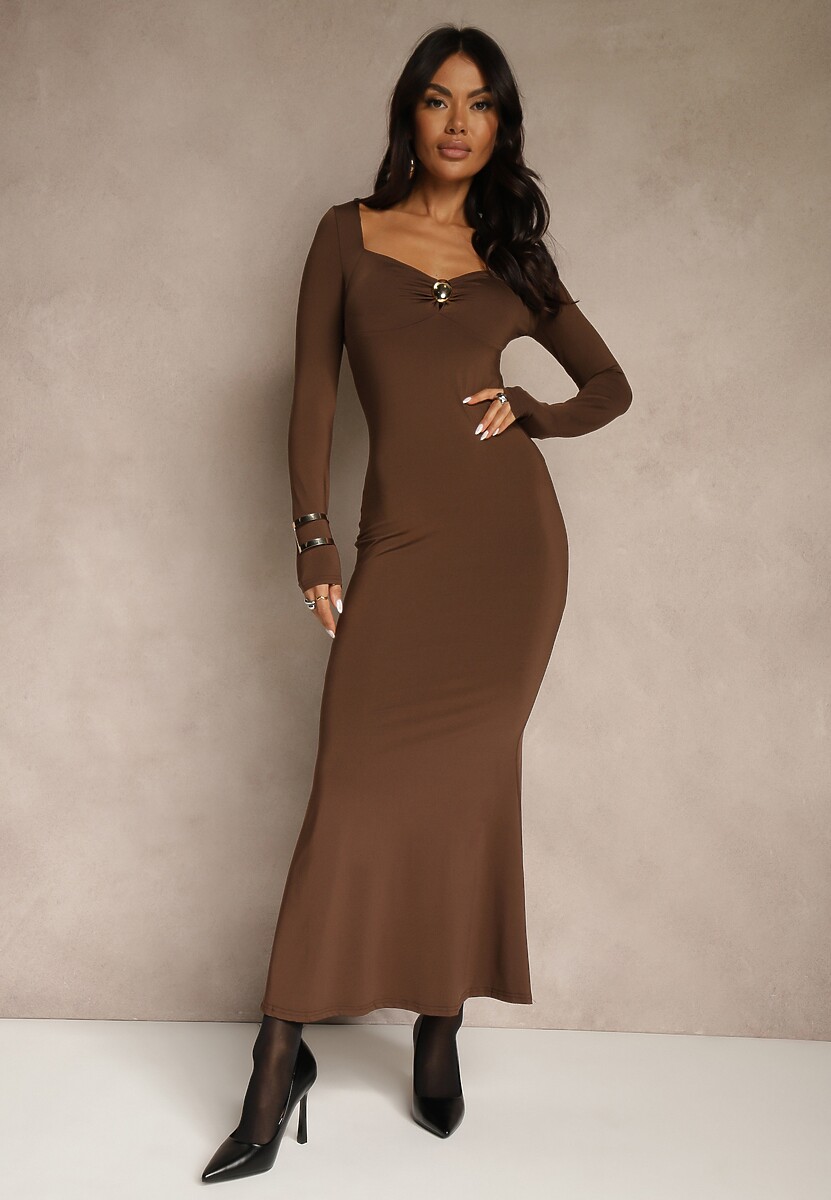 Brązowa Sukienka Koktajlowa z Wiskozą i Metaliczną Klamrą przy Dekolcie Refire