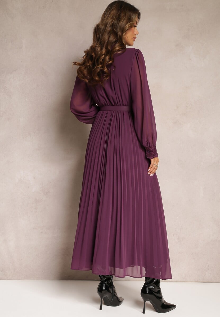 Ciemnofioletowa Plisowana Sukienka Maxi z Koronką i Paskiem Venila