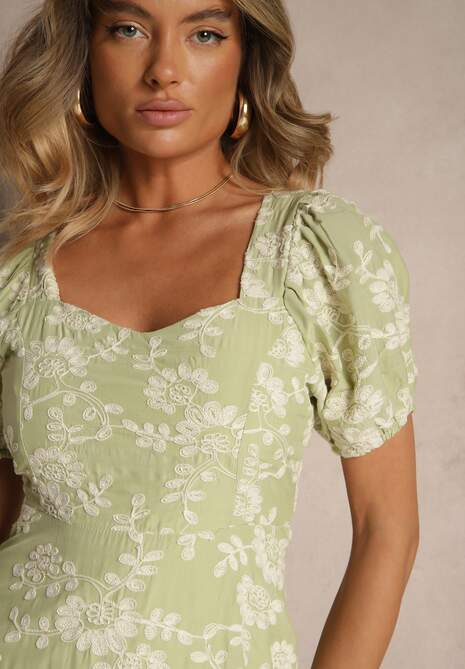 Zielona Sukienka w Kwiaty z Bufiastymi Rękawami Deviriel