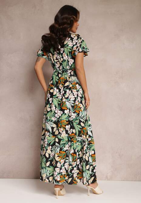 Zielono-Czarna Sukienka z Wiskozy Maxi w Kwiaty Mahiza