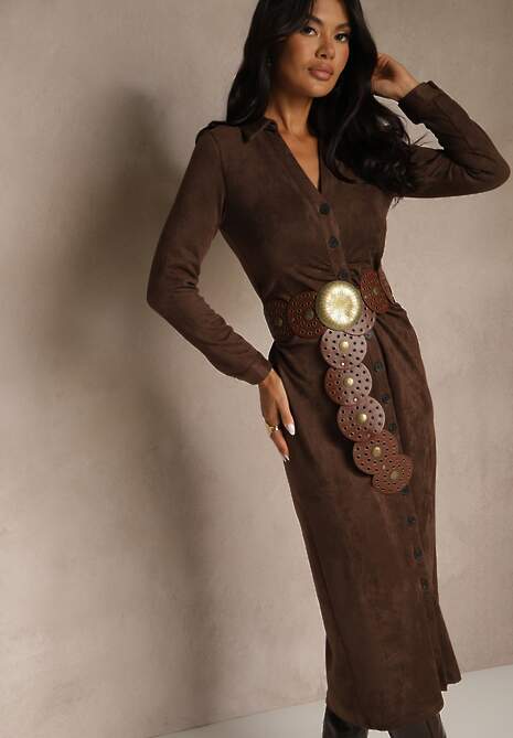 Brązowa Marszczona Sukienka z Imitacji Zamszu o Koszulowym Kroju Esora