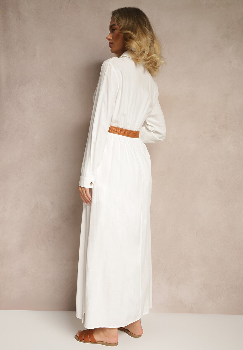 Biała Wiskozowa Sukienka o Rozkloszowanym Kroju z Paskiem i Rozcięciem Reirissa