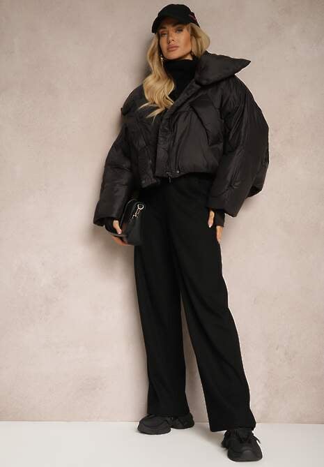 Czarna Nietoperzowa Kurtka z Szerokim Kołnierzem i Ściągaczami Neavirae