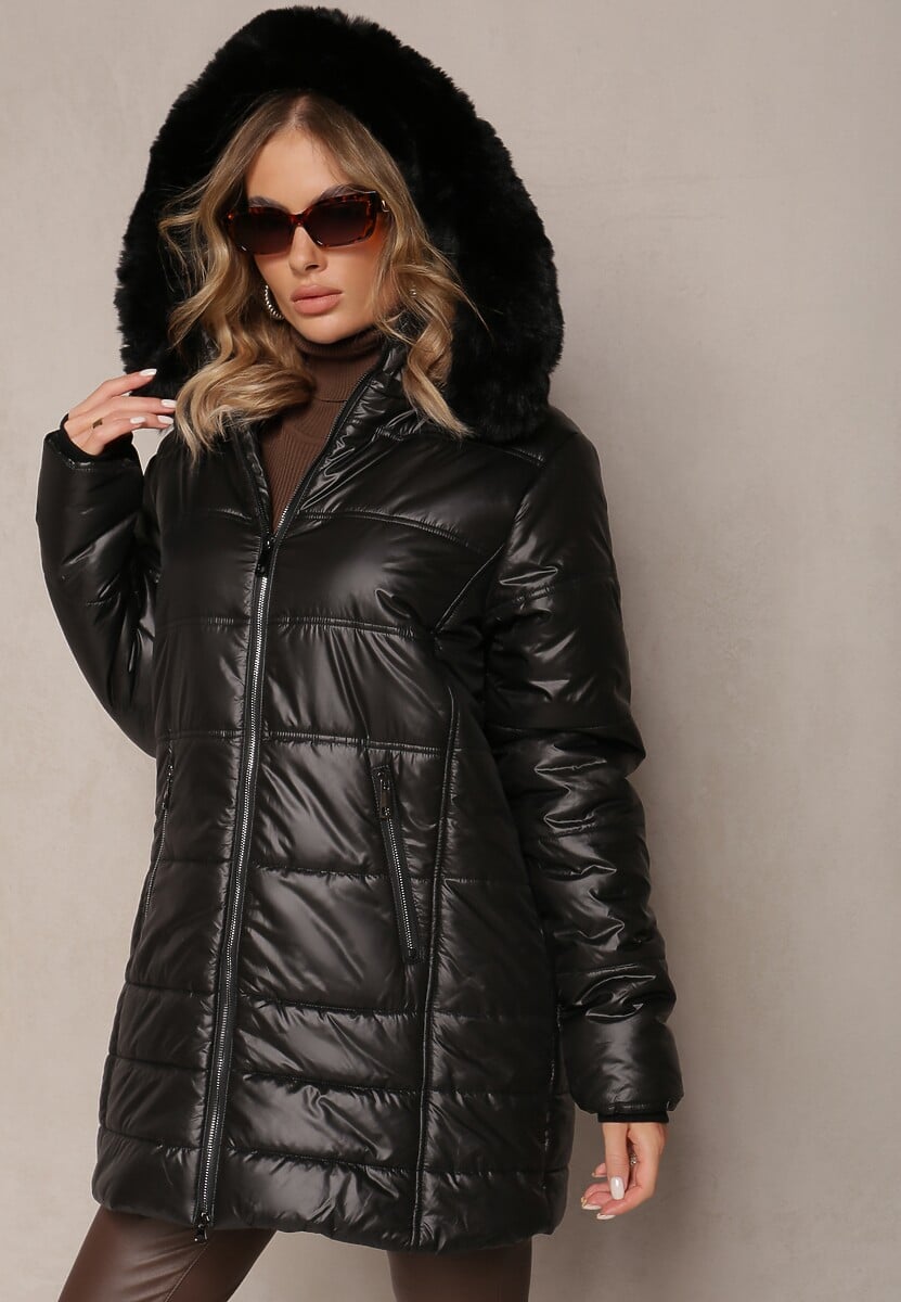 Czarna Pikowana Kurtka z Odpinanym Kapturem i Futerkiem Bellafi