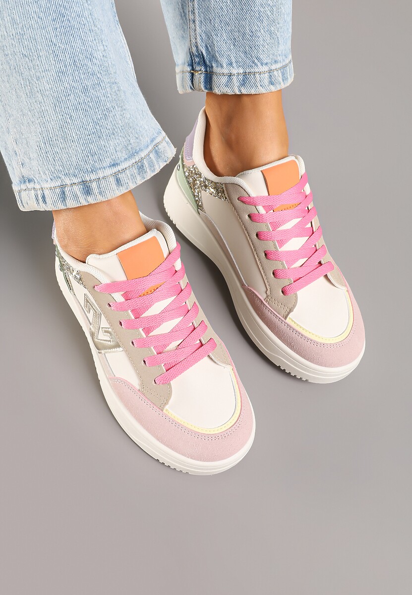 Różowo-Beżowe Sneakersy Ozdobione Metalicznymi Aplikacjami i Brokatem Pilliossa