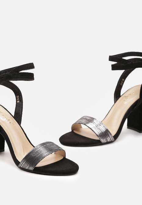 Czarne Sandały na Słupku ze Sprzączką i Ozdobnym Paskiem Rinafa