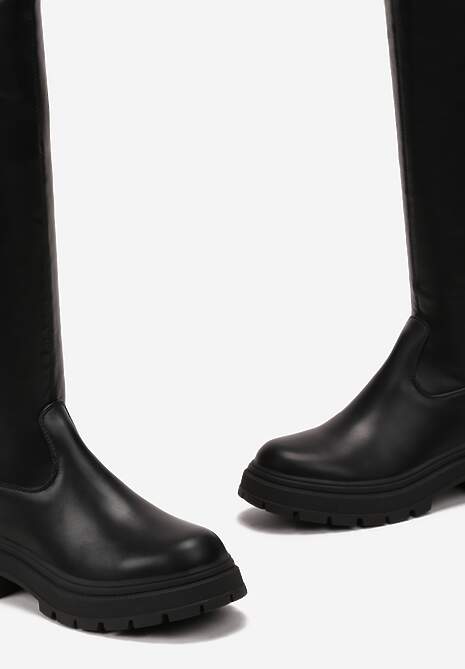 Czarne Kozaki Muszkieterki z Imitacji Skóry na Płaskiej Podeszwie Liridia