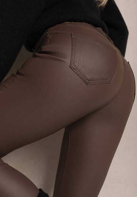 Brązowe Modelujące Spodnie z Ekoskóry o Fasonie Skinny Caetana