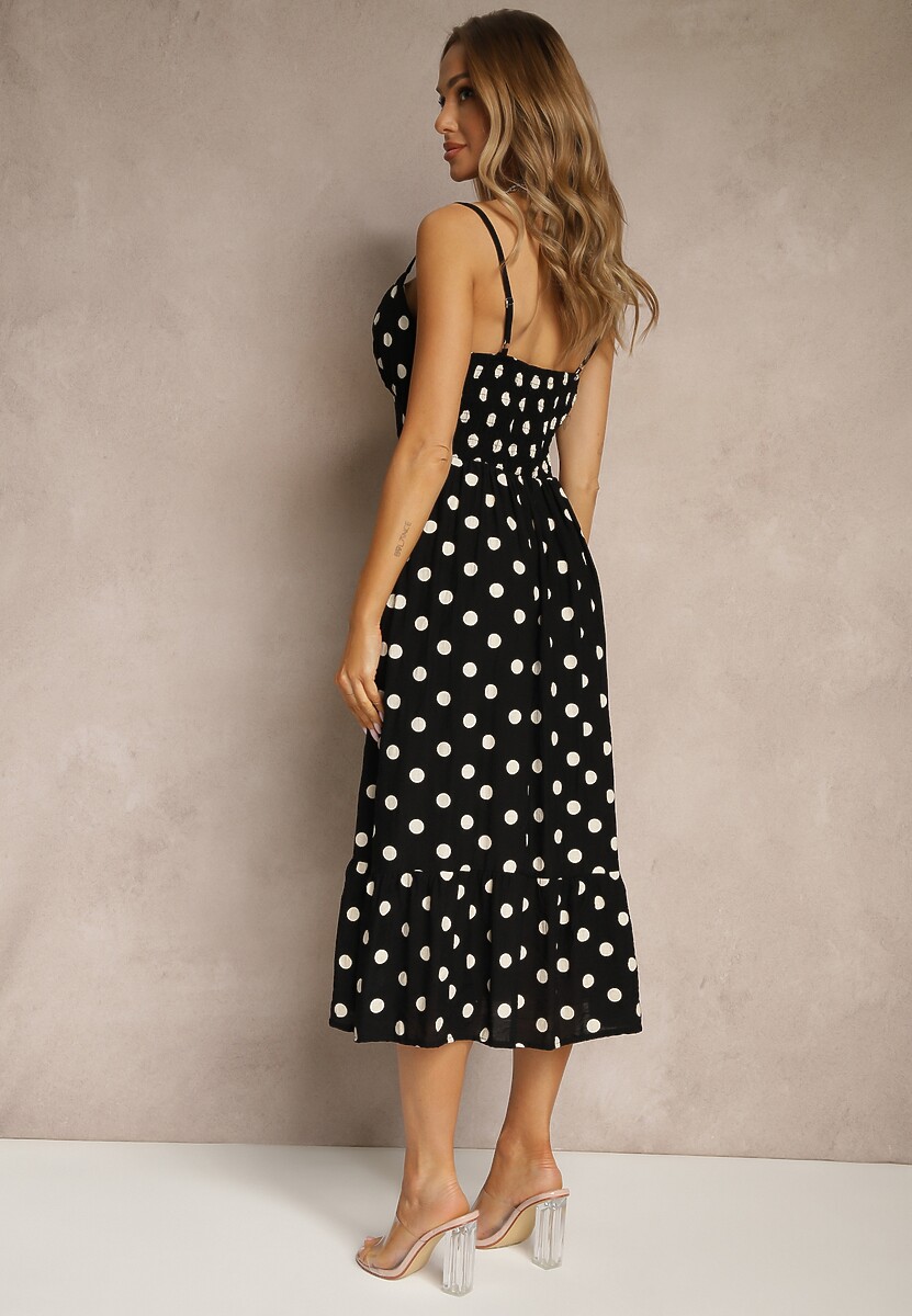 Czarna Sukienka z Wiskozy w Grochy o Taliowanym Kroju na Ramiączka Lavilsa