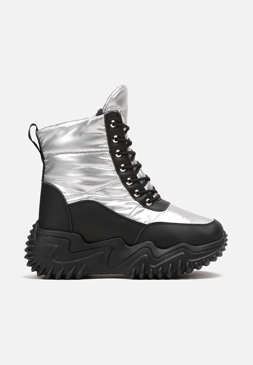 Czarno-Srebrne Traperki na Grubej Podeszwie Lorkani