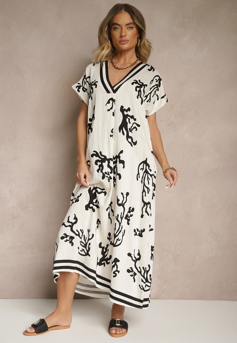 Czarno-Beżowa Pudełkowa Sukienka z Wiskozą i Lnem Sadeone