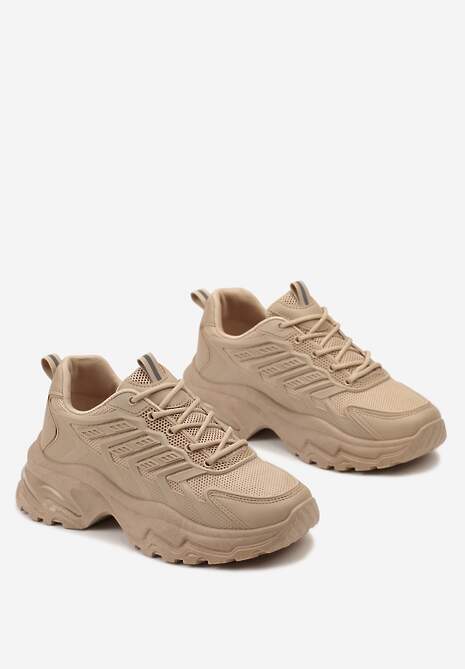 Ciemnobeżowe Sneakersy na Tłoczonej Podeszwie z Siateczkowymi Wstawkami Amrogia