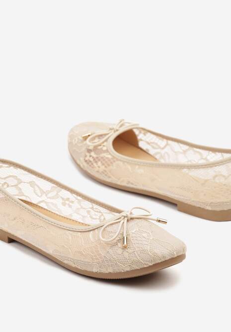 Beżowe Balerinki z Koronkową Cholewką i Kokardą Ulidisa