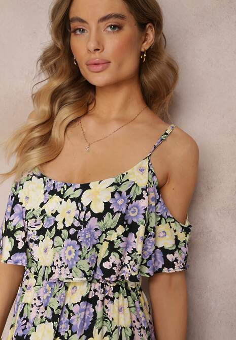 Fioletowo-Żółta Sukienka Maxi Bawełniana w Kwiaty z Falbanką Saranna