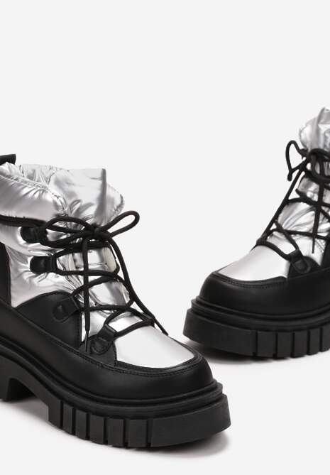 Czarno-Srebrne Sznurowane Śniegowce na Masywnej Podeszwie Pervenna