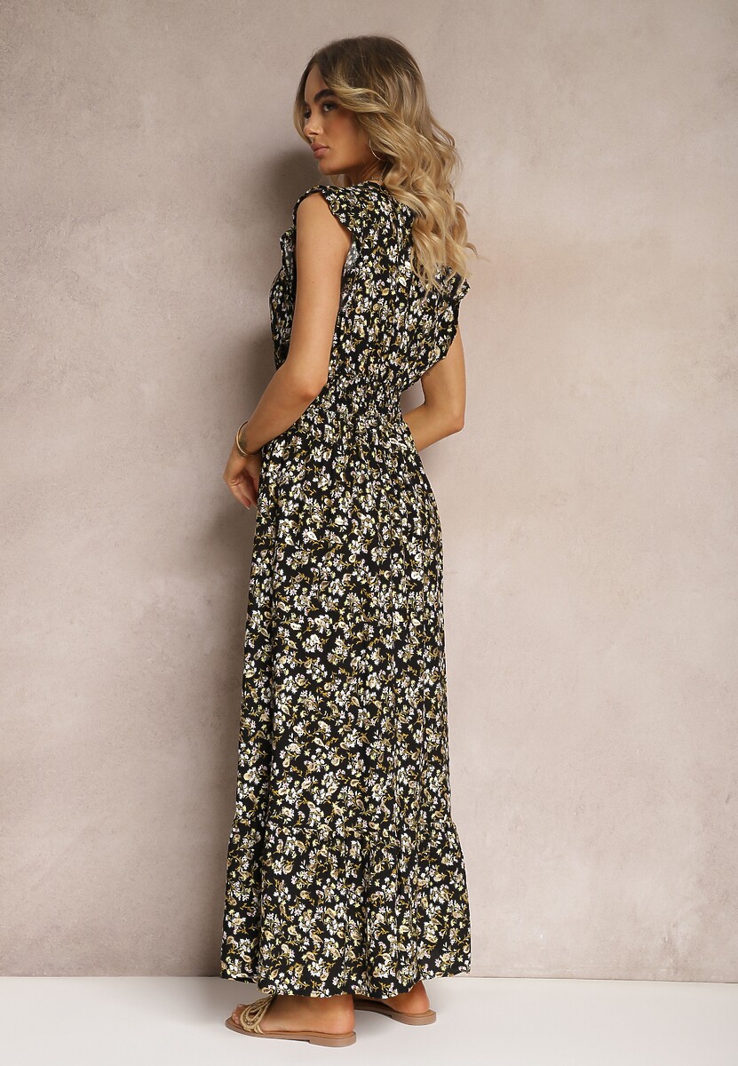 Czarno-Żółta Sukienka z Wiskozy o Rozkloszowanym Kroju z Gumką w Pasie i Falbankami Xardia