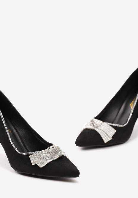 Czarne Szpilki z Cyrkoniowymi Kokardami ze Szpiczastym Noskiem Crandia