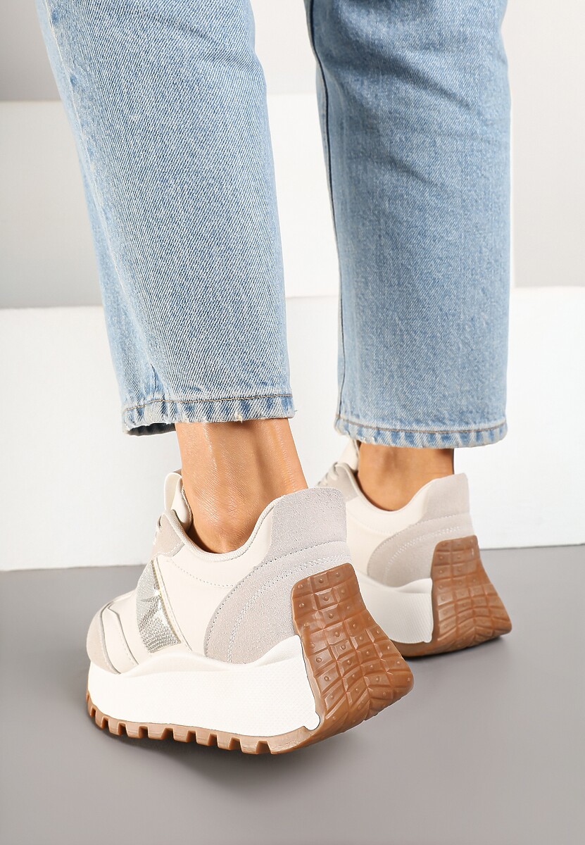 Beżowe Sneakersy na Platformie z Ozdobnymi Cyrkoniami Fenarelle