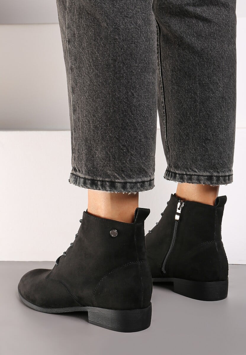 Czarne Wiązane Botki na Płaskiej Podeszwie Erithara